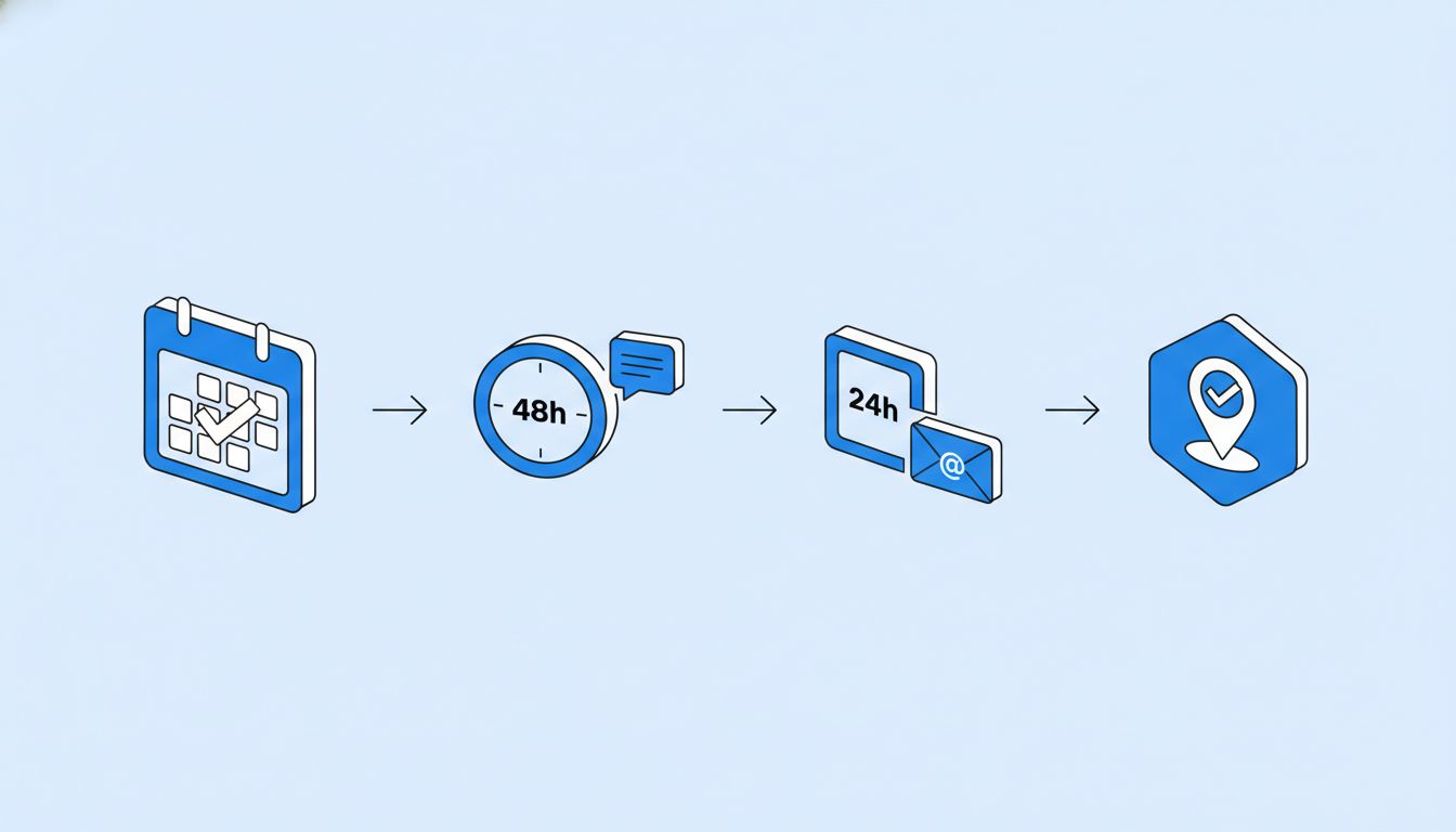 Automated reminder system timeline showing booking confirmation through final appointment